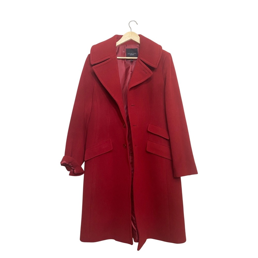 Talbots Red Wool Blend Long Trench Coat Jacket Womens Size 14 Flap Pocket Lining